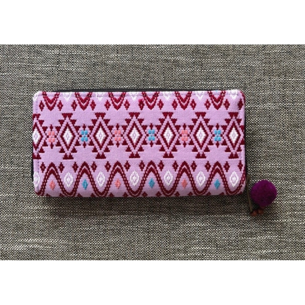 Pink Geometric Embroidered Textile Zip Around Wallet with Pom Pom Charm